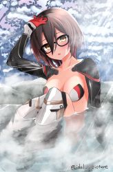 Rule 34 | 1girl, android, arm up, black-framed eyewear, blush, breasts, brown hair, colored tips, ex idol, glasses, gradient hair, hair between eyes, hand on own head, highres, hololive, knees up, looking at viewer, mechanical arms, mechanical legs, medium breasts, multicolored hair, nude, onsen, open mouth, outdoors, partially submerged, red hair, roboco-san, short hair, sitting, snow, solo, steam, stone, sweat, twitter username, virtual youtuber, yellow eyes