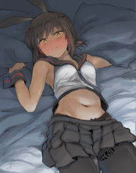 Rule 34 | 1girl, adapted costume, animal ears, blush, breasts, brown hair, rabbit ears, crop top, ergot, fake animal ears, fubuki (kancolle), green eyes, kantai collection, lying, medium breasts, medium hair, navel, on back, on bed, pantyhose, parted lips, short ponytail, sidelocks, sleeveless, smile, solo, wrist cuffs