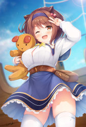 Rule 34 | 1girl, ;d, arm up, belt, blue hairband, blue skirt, blue sky, blush, breasts, brown eyes, brown hair, day, draph, gluteal fold, granblue fantasy, hair bobbles, hair ornament, hairband, highres, horns, kusunoki (escude), large breasts, long sleeves, looking at viewer, one eye closed, open mouth, oppai loli, outdoors, panties, pantyshot, pink panties, shirt, short hair, skindentation, skirt, sky, smile, solo, standing, stuffed animal, stuffed toy, thighhighs, underwear, v, white shirt, white thighhighs, yaia (granblue fantasy)