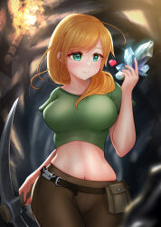 Rule 34 | absurdres, alex (minecraft), belt, blonde hair, breasts, cave, crop top, crystal, curvy, floating hair, green eyes, green shirt, hair over shoulder, heart, highres, holding, holding crystal, holding pickaxe, looking at object, low poly, medium breasts, midriff, minecraft, minecraft pickaxe, navel, pants, pickaxe, shirt, short sleeves, smile, stomach, sweat, swept bangs, syzne, torch, underground, utility belt, walking
