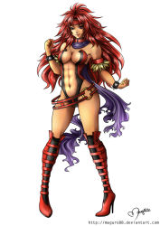 Rule 34 | 1girl, abs, belt, belt skirt, boots, bracelet, breasts, center opening, cleavage, detached collar, headband, high heels, jewelry, knee boots, long hair, long legs, maguro88, midriff, narrow waist, navel, queen&#039;s blade, red eyes, red hair, revealing clothes, risty (queen&#039;s blade), risty (queen's blade), scarf, shoes, solo, spiked bracelet, spikes, strapless, tan, watermark, web address, wilderness bandit risty
