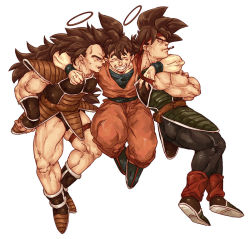 Rule 34 | 3boys, age difference, armor, bad id, bad pixiv id, bandana, bardock, black hair, boots, brother, crossed arms, death, dragon ball, dragonball z, family, father and son, grin, halo, hug, jumping, long hair, male focus, monkey tail, mouth hold, mudani narimasu, mugi3siki, multiple boys, muscular, open mouth, raditz, siblings, simple background, smile, son goku, spiked hair, tail, white background, wristband