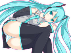 Rule 34 | 1girl, aqua eyes, aqua hair, ass, detached sleeves, hatsune miku, headphones, kuro (be ok), looking at viewer, lying, necktie, panties, pantyshot, simple background, skirt, solo, striped clothes, striped panties, thighhighs, thighs, twintails, underwear, upskirt, vocaloid