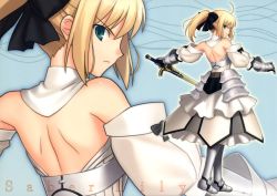 Rule 34 | 00s, 1girl, absurdres, ahoge, aqua eyes, armor, armored dress, artoria pendragon (fate), back, bare shoulders, blonde hair, capcom, detached sleeves, dress, fate/stay night, fate/unlimited codes, fate (series), hair ribbon, highres, higurashi ryuuji, looking back, ponytail, ribbon, saber (fate), saber lily, scan, solo, sword, weapon
