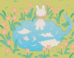 Rule 34 | blue sky, cloud, flower, grass, highres, meyoco, no humans, original, outdoors, paper boat, pink flower, plant, rabbit, reflection, ripples, sky, water, wide shot