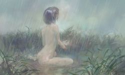 Rule 34 | absurdres, amputee, androgynous, ass, black hair, chimata, fog, gender request, grass, highres, nude, original, outdoors, rain, short hair, sitting, solo, wariza, water, wet