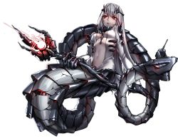 Rule 34 | 1girl, abyssal ship, battleship girl, between breasts, black hands, breasts, center opening, claws, colored extremities, covered erect nipples, crack, dark-skinned female, dark skin, full body, gauntlets, glowing, glowing eyes, gorget, highres, holding, holding staff, horns, jewelry, lamia, long hair, long sleeves, looking at viewer, looking away, medium breasts, monster girl, navel, necklace, oni horns, parted lips, quuni, red eyes, simple background, snake hair, solo, staff, stomach, turret, white background, white hair