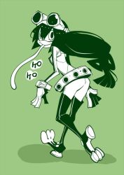 Rule 34 | 10s, 1girl, asui tsuyu, belt, black hair, boku no hero academia, boots, bow-shaped hair, dowman sayman, eyelashes, frog girl, full body, gloves, goggles, goggles on head, green theme, hair between eyes, hair rings, long hair, long tongue, monochrome, monster girl, simple background, solo, split-toe footwear, thigh boots, thighhighs, tongue, tongue out, walking