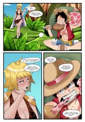 Rule 34 | 1boy, 1girl, absurdres, amazon lily, amazon warrior, asking for sex, blonde hair, blush, breasts, comic, dialogue box, eating, highres, kinjero, large breasts, marguerite (one piece), monkey d. luffy, one piece, short hair