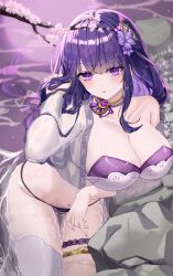 Rule 34 | 1girl, absurdres, bad id, bad twitter id, bare shoulders, bikini, breasts, choker, cleavage, collarbone, crop top, genshin impact, hair ornament, hand up, highres, holding, holding hair, large breasts, leaning forward, long hair, long sleeves, looking at viewer, navel, off shoulder, open clothes, open shirt, purple bikini, purple choker, purple eyes, purple hair, raiden shogun, revision, see-through, single thighhigh, solo, strapless, strapless bikini, string bikini, swimsuit, thigh strap, thighhighs, thighs, ueng, very long hair, water, wet, white thighhighs