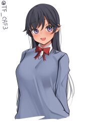 Rule 34 | absurdres, alternate costume, black hair, bow, bowtie, braid, collared shirt, dress shirt, grey sweater, highres, i-400 (kancolle), kantai collection, long hair, one-hour drawing challenge, purple eyes, red bow, red bowtie, school uniform, shirt, single braid, smile, sweater, tan, tf cafe, twitter username, upper body, white background, white shirt