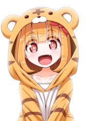 Rule 34 | 1girl, animal ears, animal hood, animal print, blonde hair, bow, commentary request, fake animal ears, fang, hair bow, highres, hood, looking at viewer, medium hair, open mouth, red bow, red eyes, roco (katsuya1011), rumia, simple background, skin fang, smile, solo, tiger print, touhou, upper body, white background