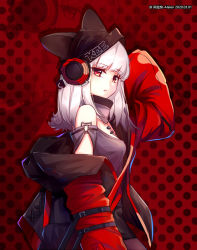 Rule 34 | 1girl, :&lt;, alalen, arknights, artist name, beanie, black hat, black pantyhose, black shirt, blouse, clothes writing, cowboy shot, dated, ears through headwear, from side, frostleaf (arknights), grey hair, hat, headphones, implied extra ears, jacket, long hair, long sleeves, looking at viewer, material growth, off-shoulder shirt, off shoulder, open clothes, open jacket, oripathy lesion (arknights), pantyhose, red background, red eyes, red jacket, shirt, solo, watermark, zoom layer