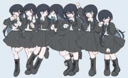 Rule 34 | 6+girls, absurdres, ado (utaite), arm up, black bow, black bowtie, black footwear, black hair, black jacket, black skirt, blue eyes, blue flower, blue hair, blue rose, blush, boots, bow, bowtie, chando (ado), clone, closed mouth, cloud nine inc, collared shirt, colored inner hair, commentary, cropped jacket, crying, dress shirt, eating, eye contact, flower, flower brooch, food, food on face, full body, grey background, hashtag-only commentary, highres, holding, holding food, jacket, long hair, long sleeves, looking at another, mole, mole under eye, multicolored hair, multiple girls, open clothes, open jacket, open mouth, phossscinnn, pleated skirt, rose, shirt, sidelocks, simple background, skirt, sleeves past wrists, sweatdrop, utaite, white shirt