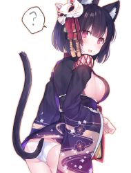 Rule 34 | 1girl, :d, ?, animal ears, ass, azur lane, black hair, black kimono, blunt bangs, blush, breasts, cat ears, cat mask, cat tail, cowboy shot, fang, floral print, from behind, gloves, hair ribbon, japanese clothes, kantai collection, kimono, long sleeves, looking at viewer, looking back, mask, mask on head, medium breasts, obi, open mouth, pink eyes, print kimono, red ribbon, ribbon, sash, short hair, short kimono, sideboob, smile, solo, speech bubble, spoken question mark, standing, tail, tareme, white gloves, wide sleeves, yamashiro (kancolle), yuraiko