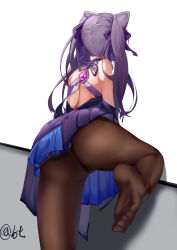 Rule 34 | 1girl, absurdres, artist request, ass, bare shoulders, cameltoe, dress, from behind, genshin impact, highres, keqing (genshin impact), keqing (opulent splendor) (genshin impact), long hair, pantyhose, purple hair, shiny clothes, shiny skin, solo, thong, thong under pantyhose, twintails, very long hair