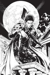 Rule 34 | 1boy, axe, boots, cigarette, coat, full body, full moon, greyscale, gun, handgun, highres, long coat, male focus, monochrome, moon, murata yuusuke, official art, one-punch man, on one knee, open clothes, open coat, pants, revolver, serious, smoke, smoking, torn clothes, weapon, zombieman
