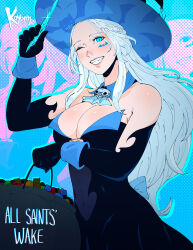 Rule 34 | 1girl, artist name, bare shoulders, black dress, black gloves, blue eyes, breasts, cleavage, detached collar, dress, elbow gloves, facial mark, final fantasy, final fantasy xiv, gloves, halloween, hat, highres, koyorin, large breasts, long hair, looking at viewer, one eye closed, smile, solo, venat (ff14), white hair, witch hat
