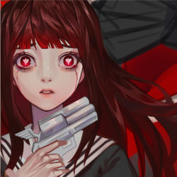 Rule 34 | 10s, 1girl, asagiri aya, blood, bloody tears, brown hair, crying, gun, holding, holding gun, holding weapon, long hair, looking at viewer, mahou shoujo site, parted lips, portrait, red eyes, school uniform, solo, symbol-shaped pupils, weapon, ziiiing