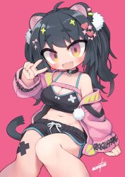 Rule 34 | 1girl, :3, animal ears, black choker, black hair, black shorts, black tank top, blush, breasts, choker, cleavage, collarbone, commentary request, crop top, dolphin shorts, drawstring, fang, highres, jacket, large breasts, long hair, long sleeves, looking at viewer, medium breasts, midriff, nanatsuta, navel, open mouth, original, pink background, pink jacket, red eyes, shorts, simple background, single bare shoulder, sitting, sleeves past wrists, solo, tail, tank top