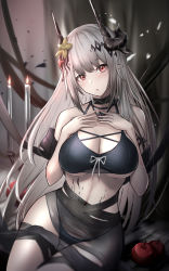 Rule 34 | 1girl, :o, absurdres, apple, arknights, bare shoulders, bikini, black bikini, blush, breasts, candle, cleavage, collar, curtains, fire, fire, flower, food, fruit, grey hair, hair flower, hair ornament, hands on own chest, head tilt, highres, horns, infection monitor (arknights), jewelry, large breasts, long hair, looking at viewer, mudrock (arknights), mudrock (silent night) (arknights), navel, necklace, official alternate costume, parted lips, pointy ears, poni (poni arknights), red eyes, see-through, sitting, solo, stomach, swimsuit, very long hair, yellow flower