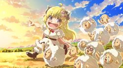 Rule 34 | 1girl, ahoge, black footwear, blonde hair, boots, buru-dai, cape, cloud, crying, curled horns, dress, fur-trimmed cape, fur-trimmed dress, fur trim, hair ornament, hairclip, hololive, horns, open mouth, petals, pointing, puffy short sleeves, puffy sleeves, purple eyes, sheep, sheep girl, sheep horns, short sleeves, sky, smile, star-shaped eyewear, star (symbol), streaming tears, sunglasses, sunset, tears, tsunomaki watame, tsunomaki watame (1st costume), virtual youtuber