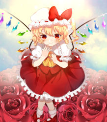 Rule 34 | 1girl, absurdres, ankle socks, arms up, ascot, blonde hair, blue sky, blurry, blush, cloud, commentary, commentary request, depth of field, english commentary, flandre scarlet, floral background, flower, foreshortening, hand on own chin, hat, hat ribbon, highres, hyaku paasento, knees together feet apart, looking at viewer, mary janes, mixed-language commentary, mob cap, one side up, petticoat, puffy short sleeves, puffy sleeves, red eyes, red flower, red footwear, red rose, red skirt, red vest, ribbon, rose, shirt, shoes, short hair, short sleeves, sitting, skirt, sky, smile, socks, solo, touhou, vest, white hat, white shirt, white socks, wings, yellow ascot