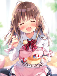 Rule 34 | 1girl, :d, ^ ^, ahoge, apron, black skirt, black socks, blurry, blurry background, blush, bow, braid, brown hair, cake, closed eyes, collared shirt, commentary request, cream, cream on face, depth of field, diagonal stripes, closed eyes, facing viewer, flower, food, food on face, fork, fruit, hair flower, hair ornament, hairclip, head tilt, heart, heart hair ornament, holding, holding fork, holding plate, long hair, long sleeves, nail polish, open mouth, original, pan (mimi), pink apron, pink nails, plate, pleated skirt, red bow, shirt, sitting, skirt, sleeves past wrists, smile, socks, solo, strawberry, striped, striped bow, translation request, wariza, white flower, white shirt