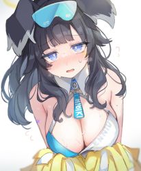 Rule 34 | 1girl, animal ears, black hair, blue archive, blue eyes, blunt bangs, blush, breasts, bright pupils, cleavage, detached collar, dog ears, dog girl, flying sweatdrops, full-face blush, goggles, goggles on head, halo, hibiki (blue archive), hibiki (cheer squad) (blue archive), highres, large breasts, long hair, looking at viewer, millennium cheerleader outfit (blue archive), paragasu (parags112), pom pom (cheerleading), simple background, solo, star sticker, sticker on arm, sticker on face, sweatdrop, white background