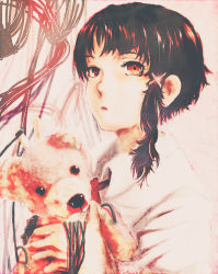 Rule 34 | 1girl, asymmetrical hair, brown hair, collared shirt, gorilla(1844~), hair ornament, hairclip, highres, holding, holding stuffed toy, iwakura lain, long sleeves, parted lips, red eyes, red neckwear, serial experiments lain, shirt, short hair, solo, stuffed animal, stuffed toy, teddy bear, upper body, white shirt