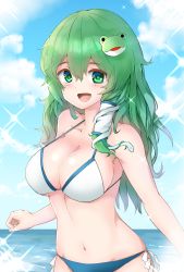 Rule 34 | 1girl, absurdres, bare arms, bare shoulders, bikini, blue bikini, breasts, cleavage, commentary request, day, frog hair ornament, green eyes, green hair, hair ornament, hair tubes, halterneck, highres, kochiya sanae, kushidama minaka, large breasts, looking at viewer, mismatched bikini, navel, open mouth, outdoors, smile, snake hair ornament, solo, summer, swimsuit, touhou, white bikini
