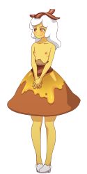 Rule 34 | 1girl, :/, adventure time, bacon, breakfast princess, breasts, brown eyes, colored skin, dress, food, highres, looking to the side, mike inel, nipples, object on head, own hands together, small breasts, solo, topless, torn clothes, transparent background, white hair, yellow skin