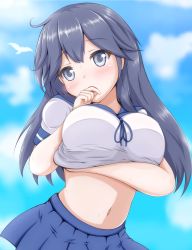 Rule 34 | 1girl, ahoge, arm under breasts, bananana1, blue eyes, blue hair, blue skirt, blush, breasts, clothes lift, cowboy shot, from below, highres, kantai collection, large breasts, lifted by self, long hair, looking to the side, midriff, navel, pleated skirt, school uniform, serafuku, shirt lift, short sleeves, skirt, solo, summer, ushio (kancolle)