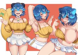 Rule 34 | 1girl, absurdres, arm up, armpits, bao (vtuber), blue hair, breasts, cetacean tail, fangs, fins, fish tail, highres, indie virtual youtuber, large breasts, midriff, nipples, one breast out, open mouth, panties, red eyes, runawaytourist, skirt, smile, solo, tail, tongue, tongue out, underwear, virtual youtuber, whale girl