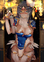 Rule 34 | 1girl, armor, bandaged arm, bandages, black hair, blush, breasts, caster of the nocturnal castle, cleavage, covered navel, cowboy shot, dark-skinned female, dark skin, fang, fate/grand order, fate (series), green eyes, hand up, highres, hip focus, holding, impossible clothes, kawai (purplrpouni), lantern, large breasts, mouth veil, pauldrons, scheherazade (fate), scroll, see-through, see-through cleavage, shoulder armor, smile, solo, thighs, veil