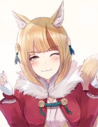 Rule 34 | 1girl, animal ears, blonde hair, closed mouth, fang, fang out, fingerless gloves, fire emblem, fire emblem fates, fox ears, fur trim, gloves, japanese clothes, leonmandala, multicolored hair, nintendo, one eye closed, selkie (fire emblem), short hair, simple background, smile, solo, streaked hair, upper body, white background, white gloves, yellow eyes