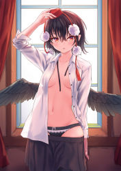 Rule 34 | 1girl, adjusting clothes, adjusting headwear, arm up, black hair, black panties, black ribbon, black skirt, black wings, blush, bow, bow panties, breasts, clothes pull, collarbone, commentary, cowboy shot, curtains, feathered wings, groin, hair between eyes, hat, highres, indoors, long sleeves, looking at viewer, medium breasts, miniskirt, navel, open clothes, open shirt, panties, parted lips, pointy ears, pom pom (clothes), red eyes, ribbon, roke (taikodon), shameimaru aya, shirt, short hair, skirt, skirt pull, solo, standing, stomach, tassel, tokin hat, touhou, underwear, white shirt, window, wings