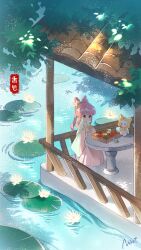 Rule 34 | 1girl, blush, brown eyes, cat, china dress, chinese clothes, chinese commentary, commentary request, copyright name, dress, flower, hair flower, hair ornament, highres, holding, long hair, momo (miracle nikki), nikki (miracle nikki), official art, pink hair, plant, pool, reflection, reflective water, ripples, shaded face, shadow, shining nikki, signature, sitting, sitting on table, water, yellow cloak