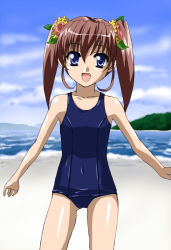 Rule 34 | 00s, 1girl, bad id, bad pixiv id, beach, blue eyes, brown hair, day, fang, long hair, nogizaka haruka no himitsu, nogizaka mika, one-piece swimsuit, school swimsuit, sen (sansui), solo, swimsuit, twintails