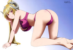 Rule 34 | 1girl, absurdres, all fours, ass, barefoot, blonde hair, blue background, bra, breasts, cleavage, demon girl, diadem, feet, full body, gradient background, hair between eyes, highres, horns, long hair, looking at viewer, lucifer (sin nanatsu no taizai), lucifer (the seven deadly sins), official art, panties, ponytail, purple bra, purple panties, red eyes, scan, shiny skin, sin nanatsu no taizai, smile, soles, solo, taketani teppei, the seven deadly sins, toes, underwear, underwear only, white background