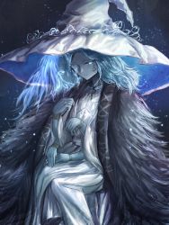 Rule 34 | 1girl, blue eyes, blue hair, blue skin, cloak, coat, colored skin, crack, cracked skin, dress, elden ring, extra arms, extra faces, feh xeri, fur cloak, fur coat, glowing tattoo, hat, highres, jewelry, long hair, looking at viewer, night, night sky, ranni the witch, ring, sitting, sky, solo, star (sky), tattoo, white dress, witch, witch hat