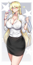 Rule 34 | 1girl, absurdres, ahoge, alternate costume, black skirt, blonde hair, blue eyes, blue nails, breasts, collared shirt, heart pasties, highres, iowa (kancolle), kantai collection, kome cola, large breasts, long hair, miniskirt, nail polish, office lady, one eye closed, pasties, pencil skirt, shirt, skirt, solo, star-shaped pupils, star (symbol), symbol-shaped pupils, white shirt