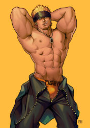 Rule 34 | 1boy, abs, absolum art, absurdres, armpit hair, armpits, arms up, bara, bare pectorals, blonde hair, blue eyes, borrowed character, bulge, cigarette, cowboy shot, feet out of frame, headband, highres, jewelry, large pectorals, male focus, male underwear, muscular, navel, navel hair, necklace, nipples, original, pectorals, short hair, solo, spiked hair, thick thighs, thighs, underwear, undressing, yellow background, yellow briefs, yellow male underwear