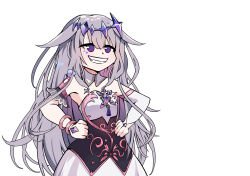 Rule 34 | 1girl, absurdres, bare shoulders, breasts, crystal, dress, grey hair, grin, hair between eyes, hands on own hips, highres, hololive, hololive english, koseki bijou, koseki bijou (1st costume), letterboxed, long hair, nakatokung, purple eyes, simple background, small breasts, smile, solo, strapless, strapless dress, very long hair, virtual youtuber, white background, white dress