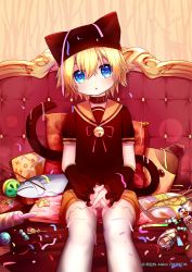 Rule 34 | 1boy, absurdres, alalen, animal hat, bell, blonde hair, blue eyes, blush, candy, candy cane, cat hat, chips (food), choker, fish, food, hair between eyes, hat, highres, kagamine len, lollipop, looking at viewer, male focus, open mouth, potato chips, sailor collar, short shorts, shorts, solo, thighhighs, vocaloid, white thighhighs