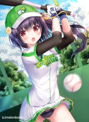 Rule 34 | 1girl, arms up, baseball, baseball bat, baseball cap, baseball uniform, black hair, black panties, blurry, blurry background, blush, breasts, chain-link fence, commentary request, copyright notice, day, depth of field, fence, green hat, hair between eyes, hat, holding, holding baseball bat, kohinata hoshimi, layered sleeves, long hair, long sleeves, melonbooks, metal baseball bat, motion blur, official art, one side up, open mouth, outdoors, panties, pleated skirt, red eyes, shirt, short over long sleeves, short sleeves, skirt, small breasts, solo, sportswear, two-handed, underwear, white shirt, white skirt