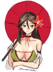 Rule 34 | 1girl, alternate color, amagi (azur lane), amagi (azur lane) (cosplay), amagi (kancolle), amagi (wending waters serene lotus) (azur lane), artist name, azur lane, bikini, breasts, cleavage, cosplay, detached sleeves, hair between eyes, historical name connection, kantai collection, large breasts, looking at viewer, name connection, oil-paper umbrella, one-hour drawing challenge, rekka yamato, simple background, solo, strapless, strapless bikini, swimsuit, umbrella, upper body