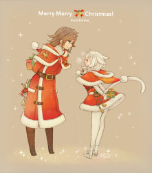 Rule 34 | !, 10s, 1boy, 1girl, 2016, animal ears, arms behind back, belt, belt buckle, black dress, blue eyes, blush, boots, box, braid, brown background, brown footwear, brown hair, buckle, capelet, cat ears, cat tail, christmas, closed mouth, dress, english text, facial mark, final fantasy, final fantasy xiv, from side, full body, fur trim, gift, gift box, hat, hiding, holding, holding gift, hood, hood down, leaning forward, legs apart, long hair, long sleeves, looking at another, merry christmas, miqo&#039;te, pantyhose, pom pom (clothes), profile, ren-co, robe, santa costume, santa hat, shoes, short dress, signature, smile, snowing, sparkle, standing, stuffed toy, tail, twin braids, warrior of light (ff14), white footwear, white hair, white pantyhose