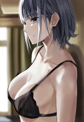 Rule 34 | 1girl, bare shoulders, black bra, blurry, blurry background, bra, breasts, cleavage, collarbone, curtains, from side, grey hair, highres, large breasts, nicky w, original, parted lips, short hair, solo, underwear, window