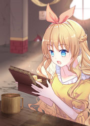 Rule 34 | + +, 1girl, :d, blonde hair, blue eyes, box, braid, coin, commentary request, cup, hair ribbon, hands up, highres, holding, holding box, indoors, long hair, mo (pixiv9929995), mug, open mouth, original, pillar, red ribbon, reflection, ribbon, round window, smile, solo, sparkle, table, very long hair, window